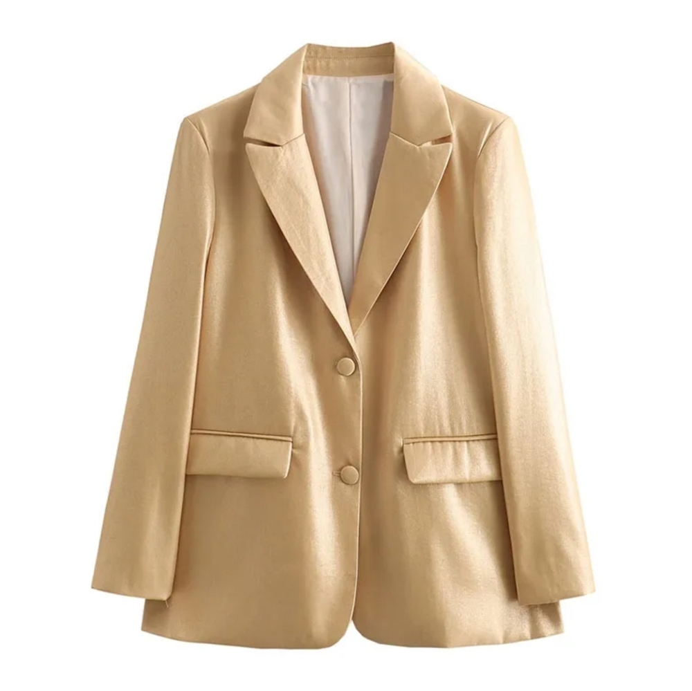 Blazer Tops Gold Turn-Down Collar Long Sleeves Pockets Single Breasted Female - Picture 5 of 9